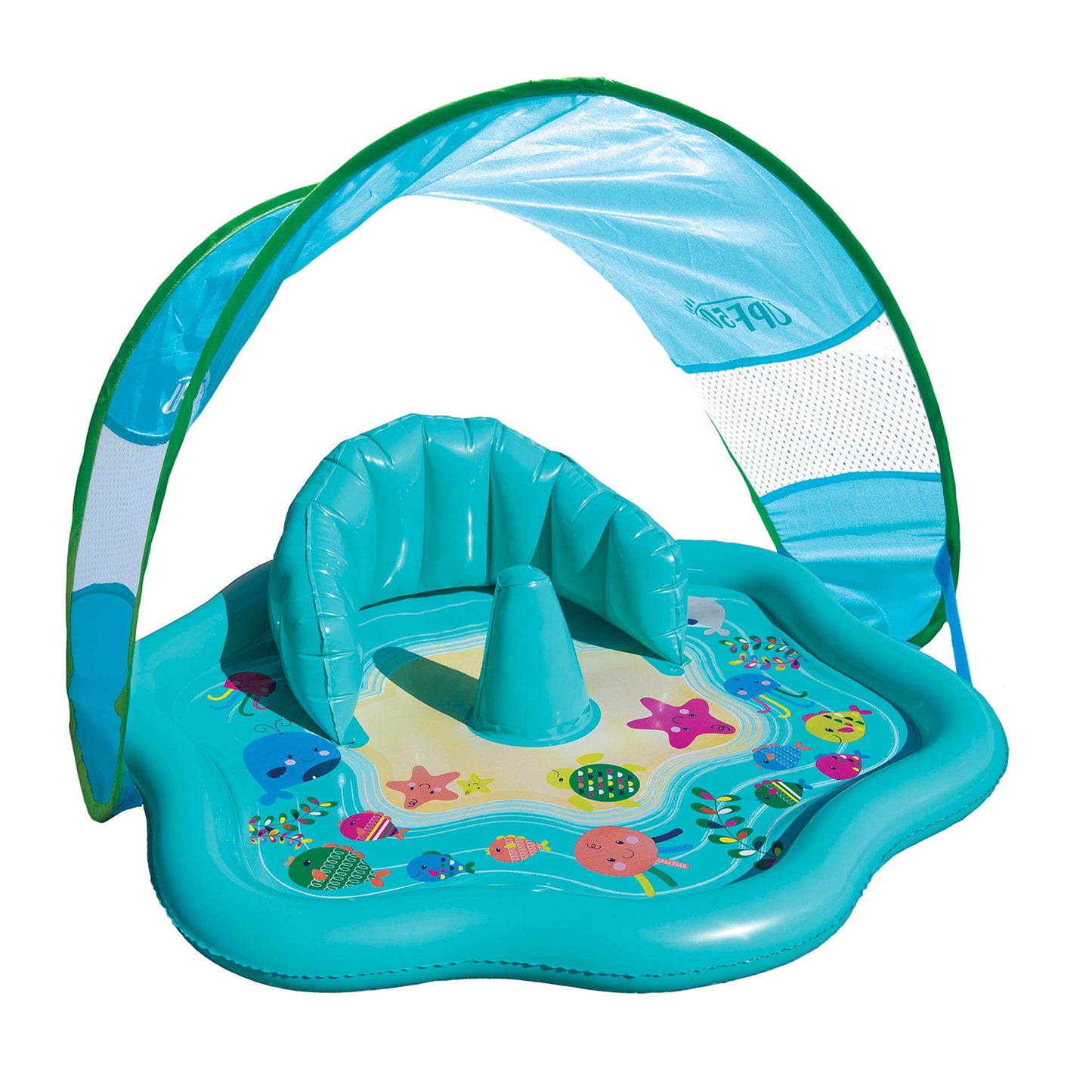 SwimSchool Baby Splash Play Mat with Adjustable Canopy – Inflatable Play Pool for Babies & Infants with Backrest – Includes Baby Water Toy Rings