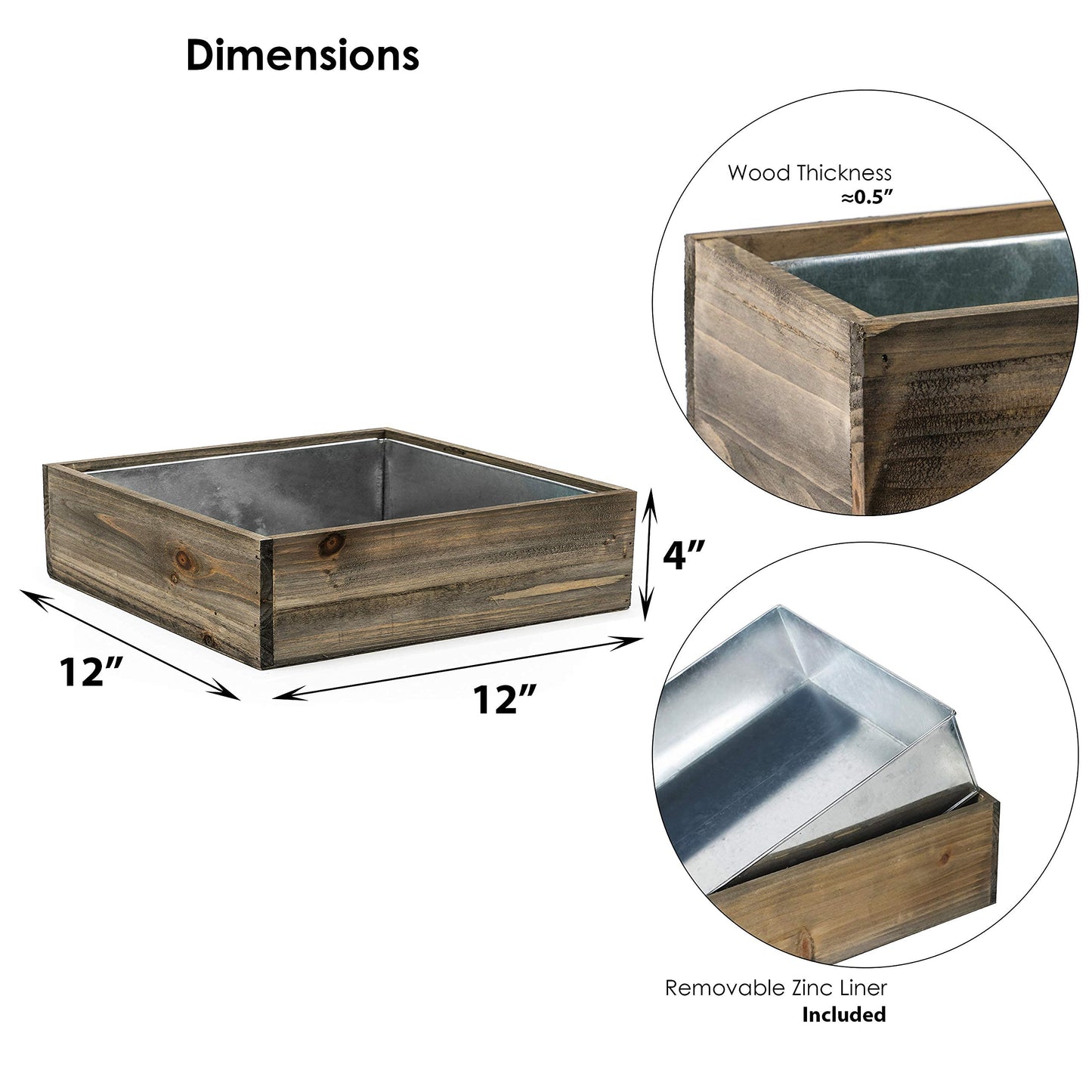 CYS EXCEL Wood Square Planter Box with Removable Zinc Metal Liner (H:4" Open:12"x12") | Multiple Size Choices Wooden Planters | Indoor Decorative Flower Box