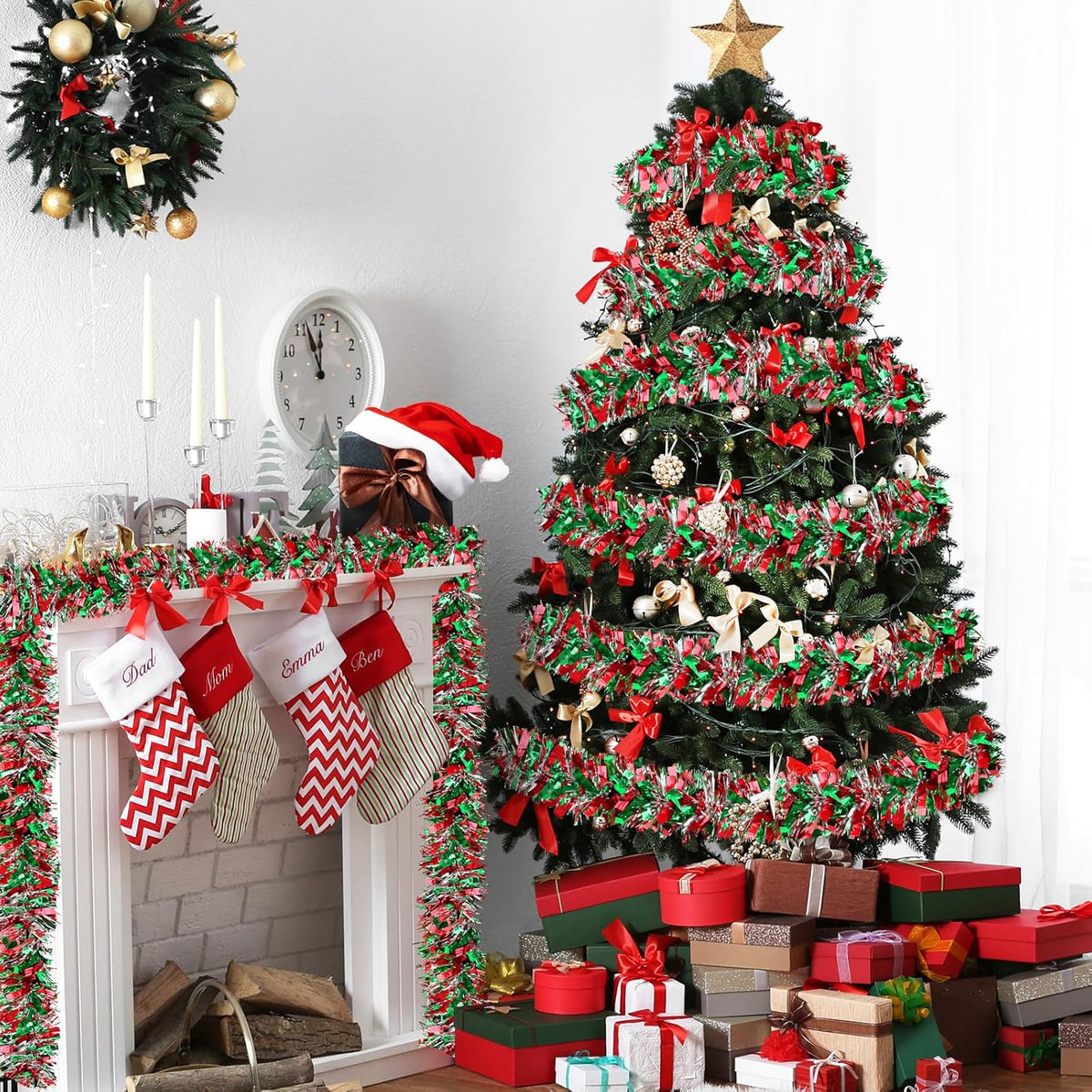 50 Feet Christmas Tinsel Garland Metallic Tinsel Garland Christmas Tree Decorations for Christmas Indoor and Outdoor Decoration (Red, Green and Silver)