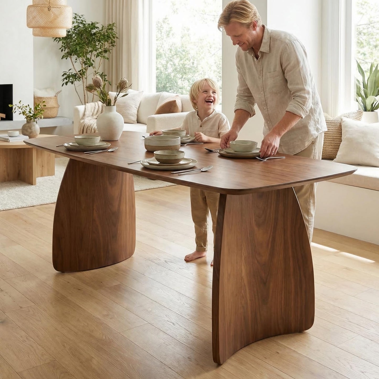 ROCITY 70 Inch Large Dining Table for 6-8 People, Solid Wood Kitchen Table with Curved Wooden Legs, Mid Century Modern Rectangular Long Dinner Table for Dining Room, Walnut