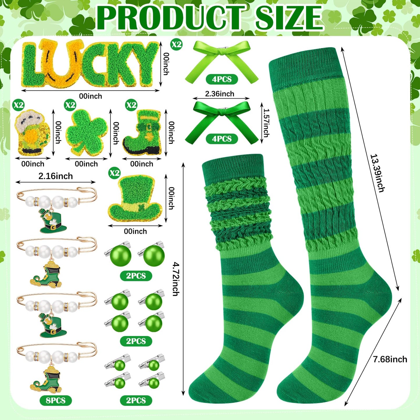 Chicingyou 40 Pcs St. Patrick's Sock and Charms Kit for Women Include 2 Pairs DIY Irish Socks 38 St. Patricks Charms Accessories Jewelry Decor Irish Chenille Patches Brooch Green Shamrock Patrick Gift