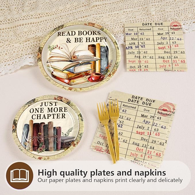 Grencian 96Pcs Book Theme Party Decorations Vintage Book Plates and Napkins Disposable Books Club Paper Tableware Set for Books Club Library Reading Theme Birthday Party Supplies, Serves 24