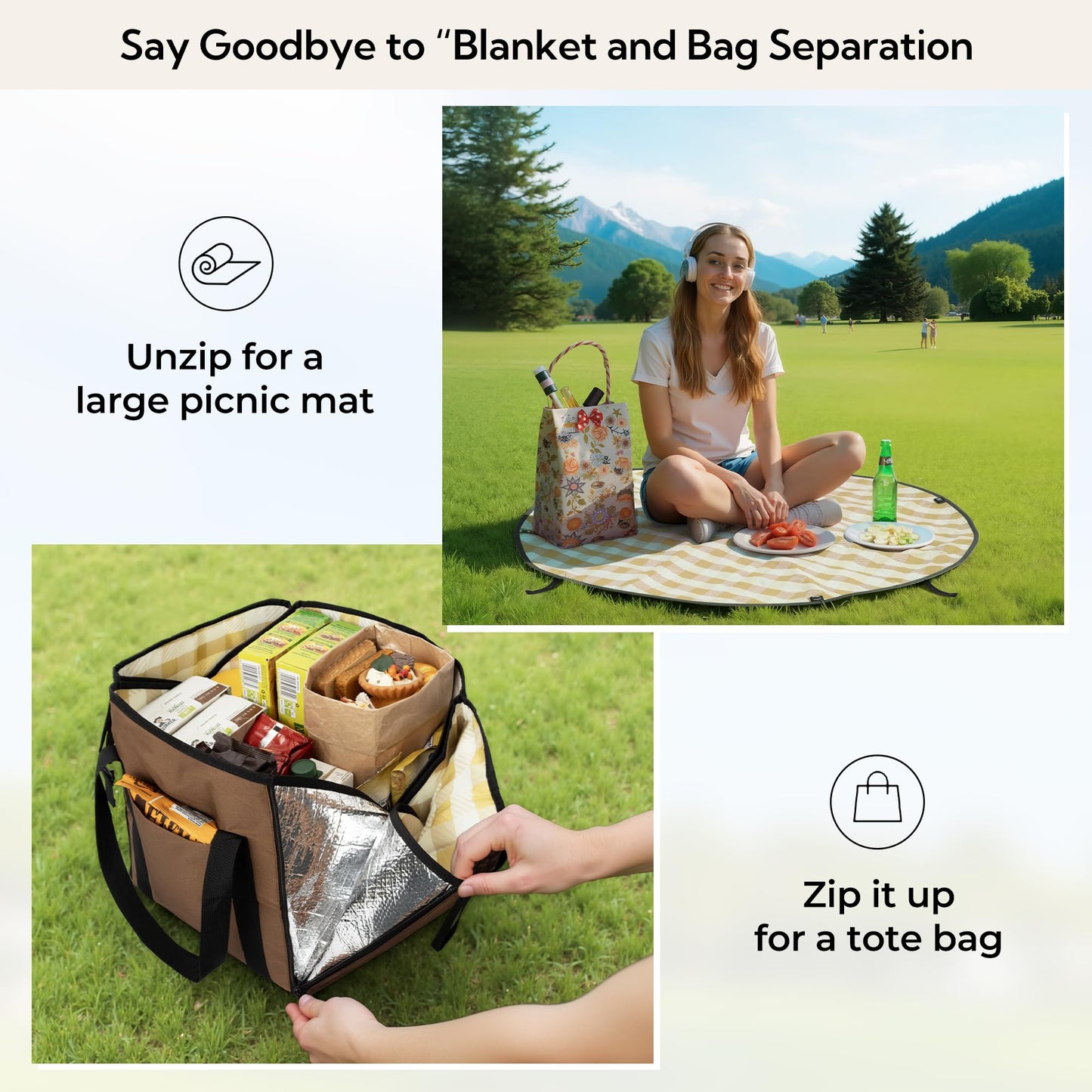 GRANNY SAYS 2-in-1 39¼”D Brown Waterproof Picnic Blankets & Tote Bag, Medium Picnic Mat for Camping, Grass, and Park, Foldable 3-Layer Outdoor Blanket, Sand-Free Beach Blanket with 1 Clip and 4 Stakes
