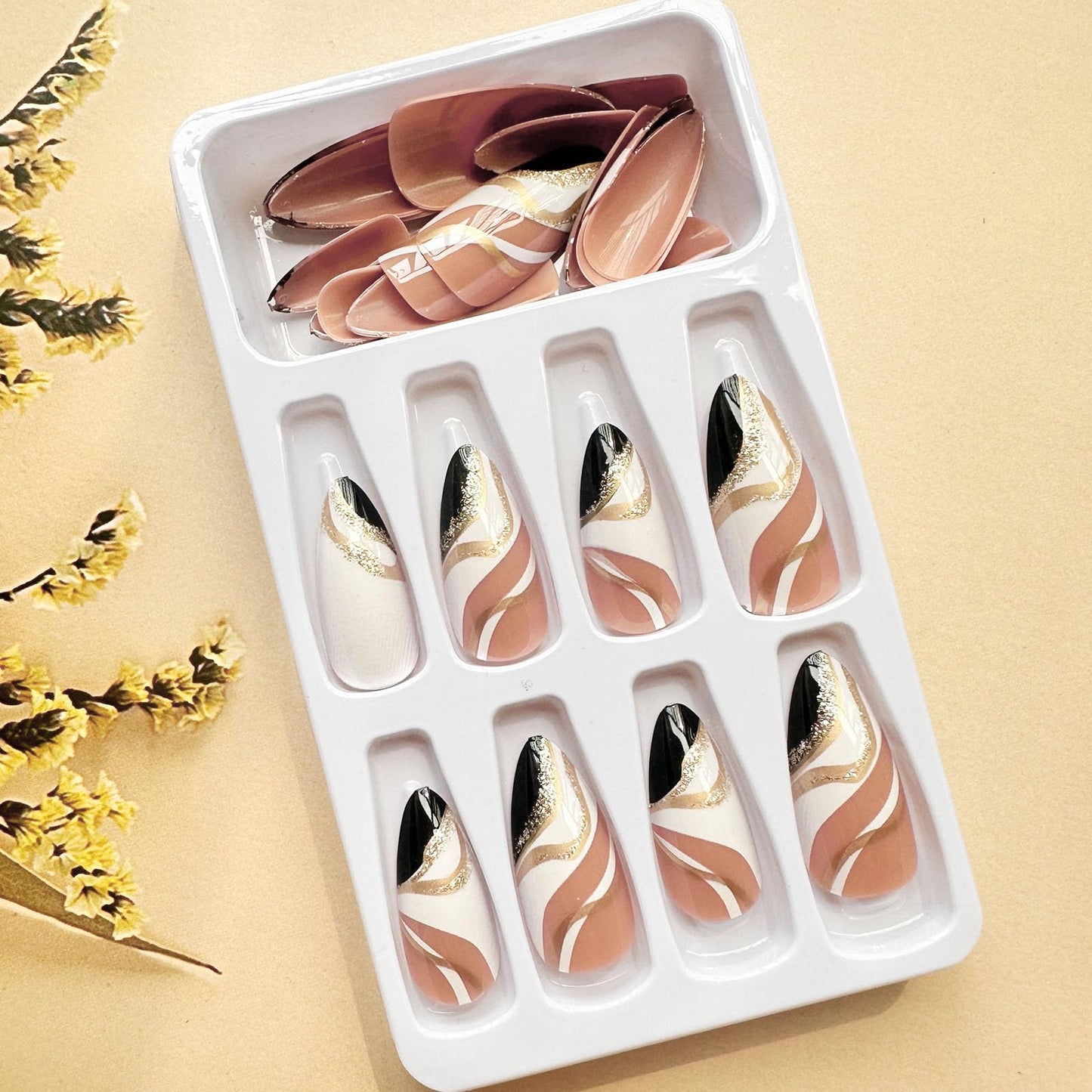Almond Press on Nails Medium Fake Nails White False Nails Press ons with Designs White Black Glue on Nails Glossy Full Cover Acrylic Artificial Stick on Nail for Women Decorations 24Pcs