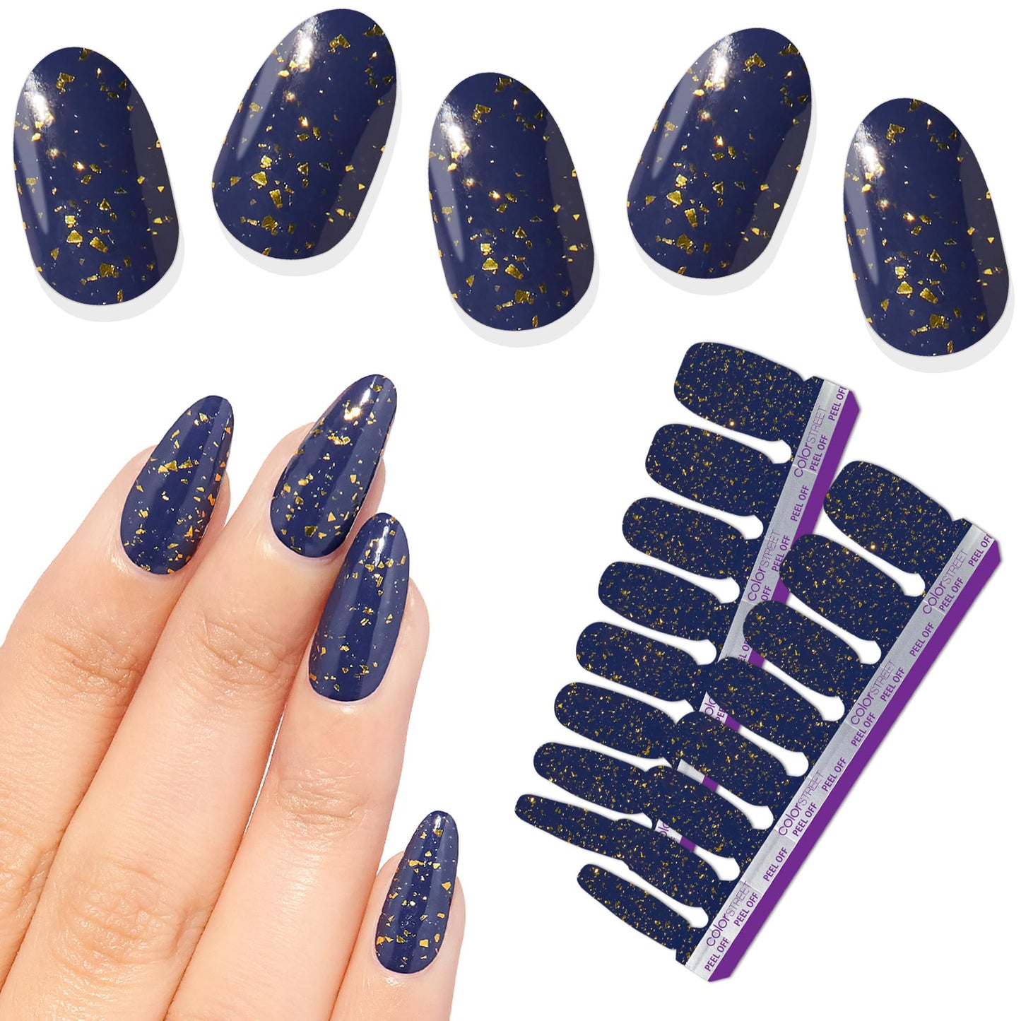 Color Street - Shining Starlet - Deep Blue Purple Nails with Gold Glitter, Real Nail Polish Strips, Glamorous Sparkle Manicure Style - 16 Double-Ended Strips