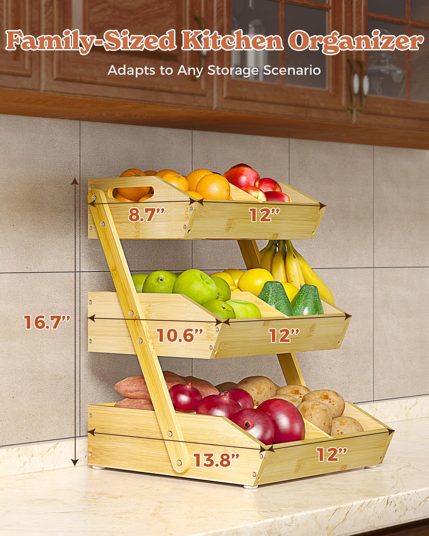 Sevenblue 3 Tier Large Bamboo Fruit Basket for Kitchen Counter with 2 Banana Holders, Kitchen Countertop Organizer with Protective Mats, Tiered Fruit Bowl for Bread Snack Veggies with Dividers