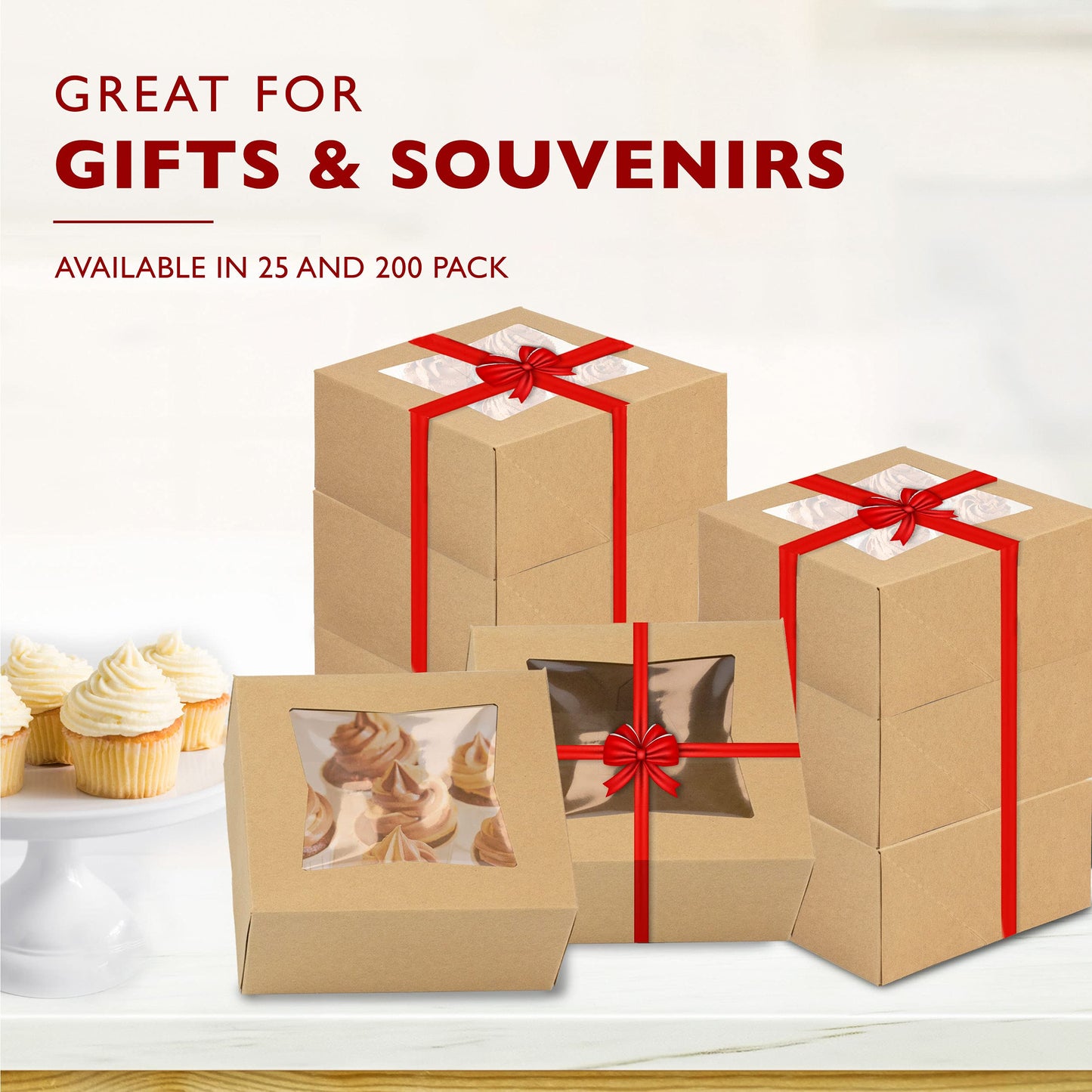 Fit Meal Prep 25 Pack Bakery Boxes with Window 6x6x3 Kraft Cake Box Cardboard Bakery Packaging for Cupcake, Cookies and Pastry, Treat Box Pie Box for Valentine's Day, Christmas