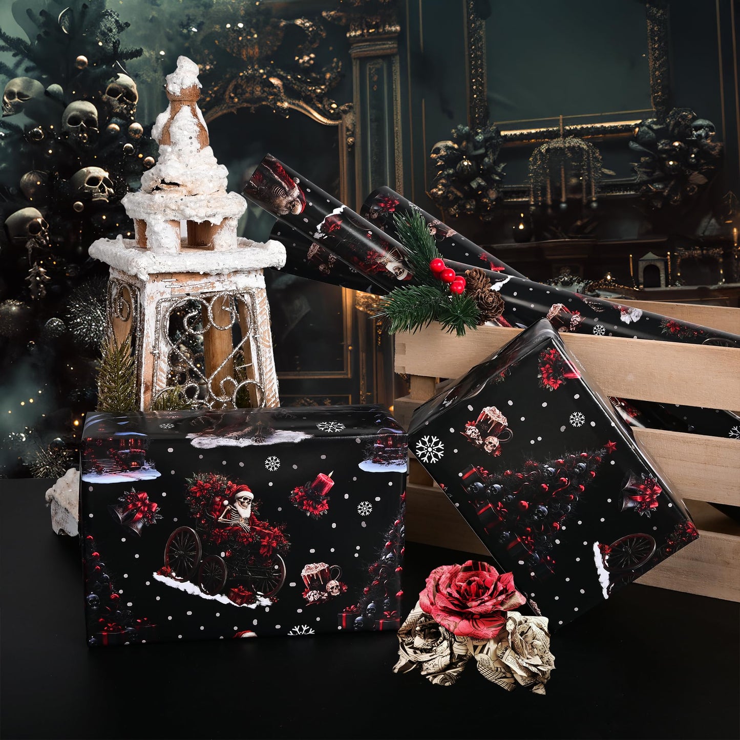 Dtiafu Gothic Christmas Wrapping Paper Roll Black Horror Christmas Santa Claus Skeleton Design Xmas Gift Wrap for Winter Halloween Holiday Party Celebration - Total 28.5sq.ft