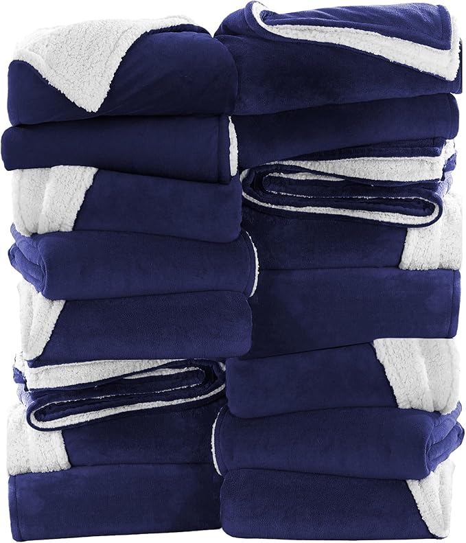 IR Imperial Rooms Navy Sherpa Fleece Throw Blanket for Bed - Wholesale Bulk Pack of 16 Sherpa Blankets - Soft Fluffy Throw Blankets for Hotels, Guest Bedroom, 50x60 Inches