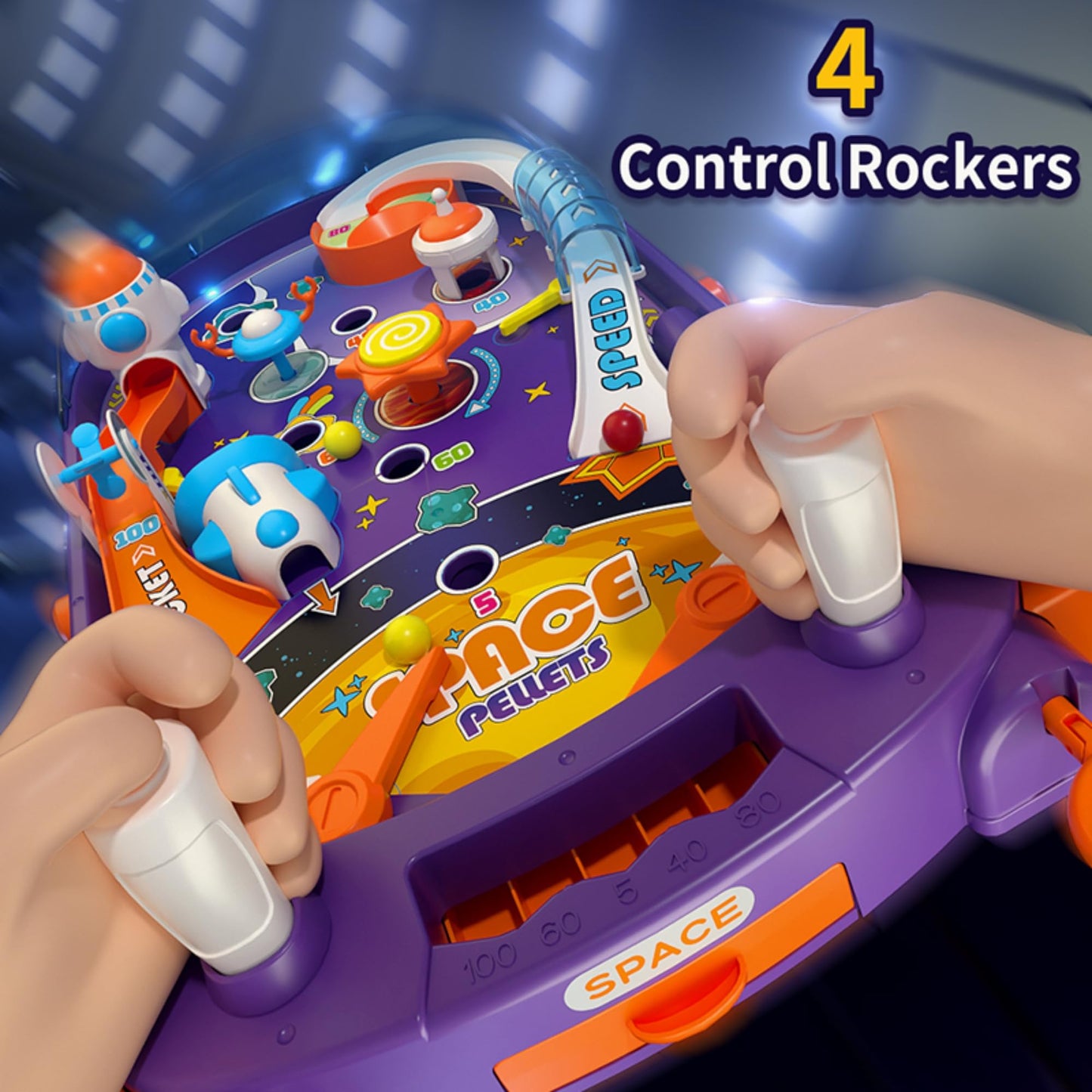 OLEOCA Tabletop Pinball Machine - Space Mini Arcade Game with Sound & Light, Pull-Back Launcher, Flippers, Carry Handle, Suction Cup Feet, Games for Kids Ages 3+