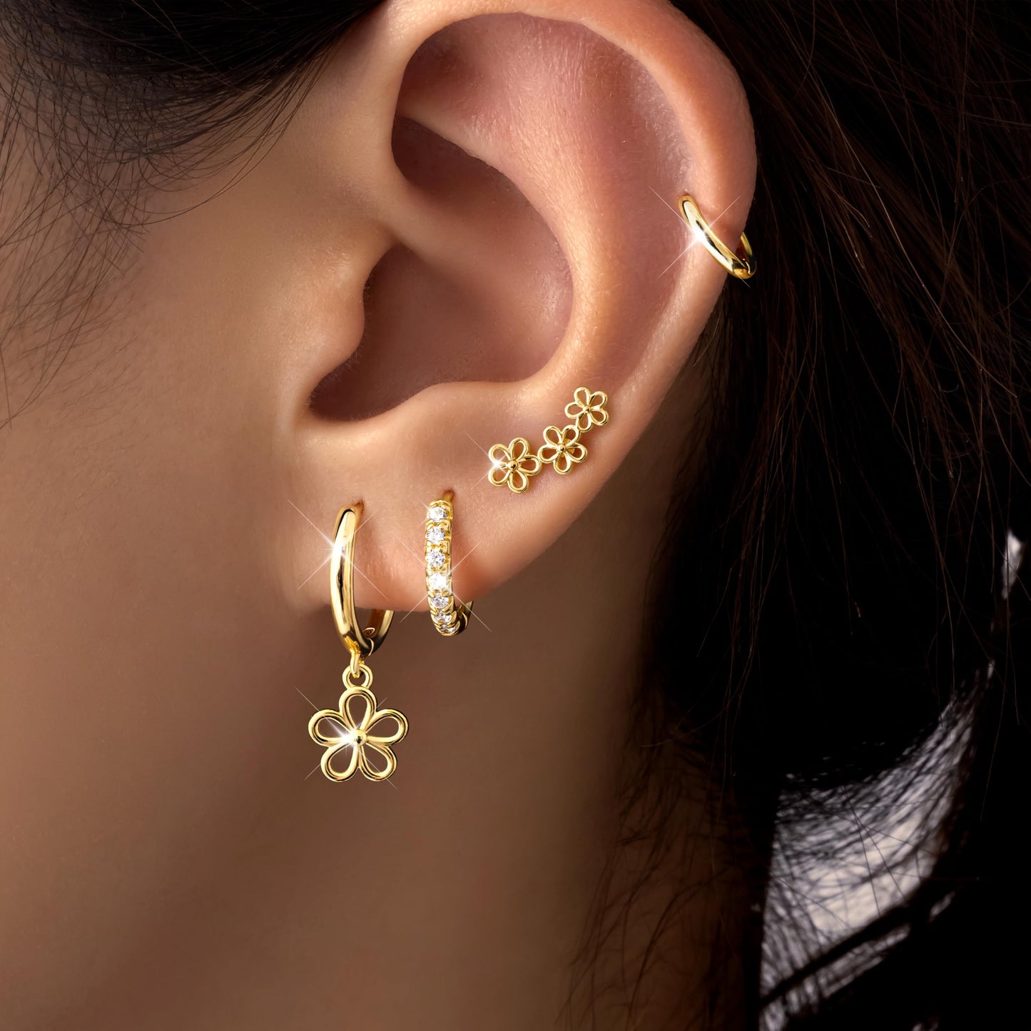 Gold Flower Earrings for Women,Huggie Small Stack Cartilage Stud Hoop Earring Sets for Multiple Double Piercing, Conch Helix Rook Tragus Daith Piercing Gold Clip On Jewelry Set Gifts