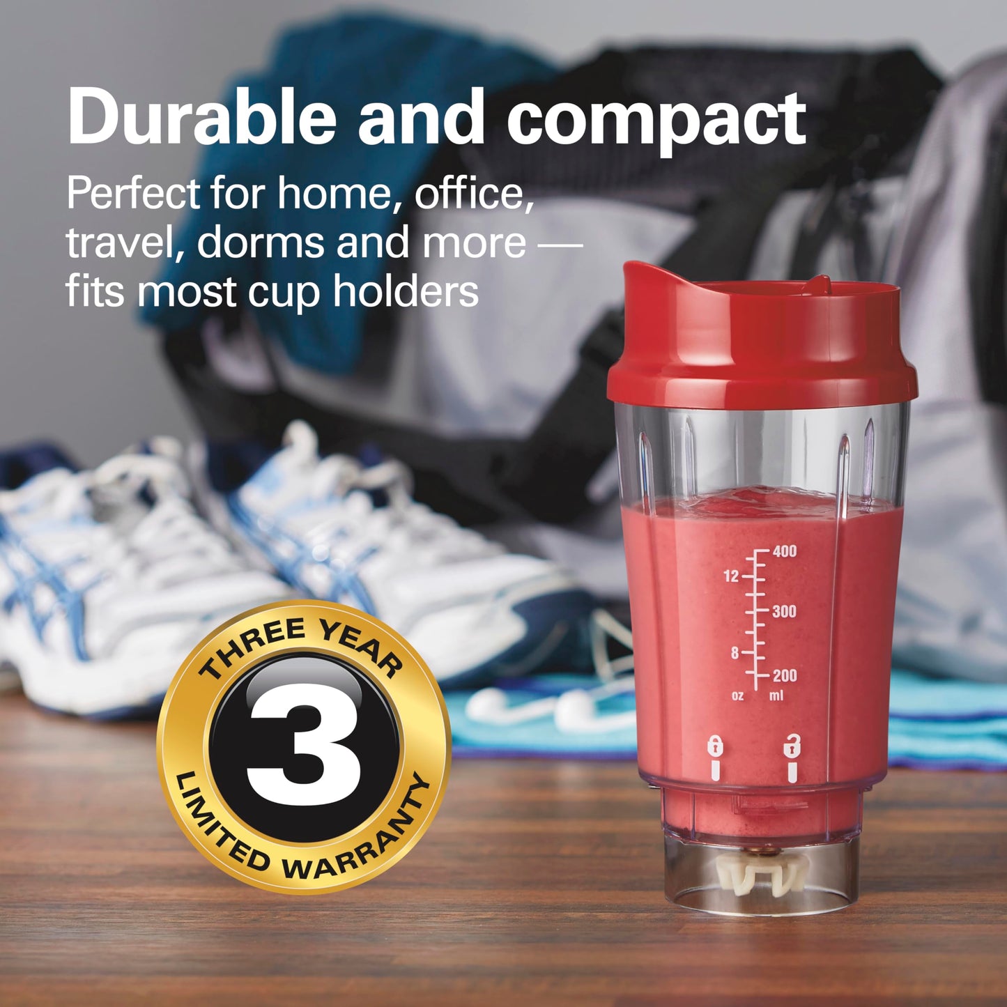 Hamilton Beach Portable Blender for Shakes and Smoothies, 14 Oz BPA Free Travel Cup & Lid, Durable Stainless Steel Blades, Personal Smoothie Blender, Red (51101RV)