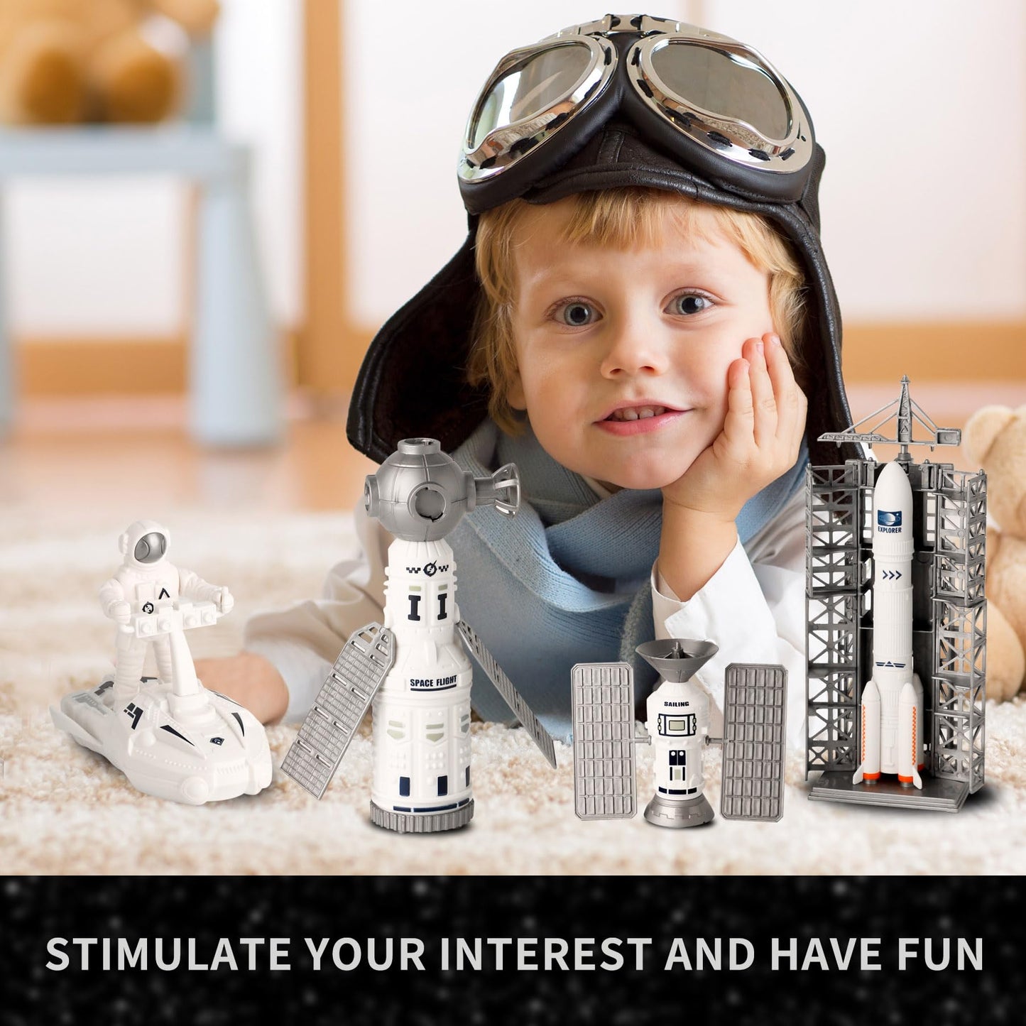 Wbzle Rocket Ship Toy, Space Toys Playset with UFO, Plane, Rocket Launcher, Satellites, Astronaut Toy Set with Light and Sound, Exploration Toys for Boys 3-5