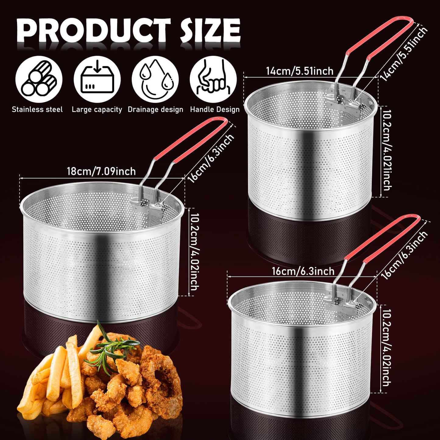 3 Pcs Stainless Steel Pasta Strainer Set with Removable Handles, 5.4" 6.2" 7" Spider Strainer Skimmer Basket for Boiling, Deep Frying & Blanching, Professional Noodle Colander