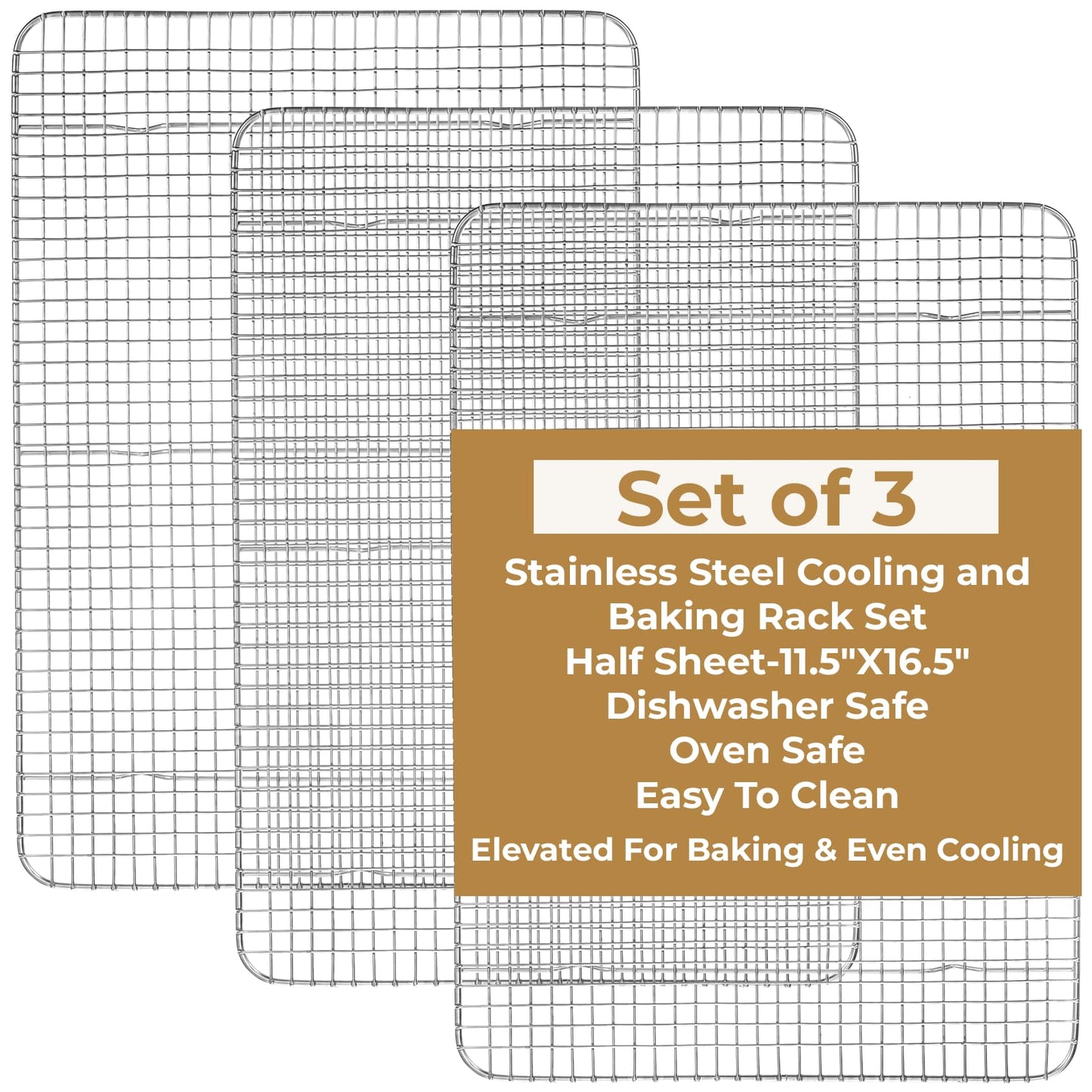 3 Pack Cooling Racks, 16.5 x 11.5 Inch Stainless Steel Cooling and Baking Rack Set 1/2 Sheet Baking Racks for Oven Cooking Roasting Grilling Heavy Duty Tight-Wire Metal Mesh Oven Rack, Dishwasher Safe