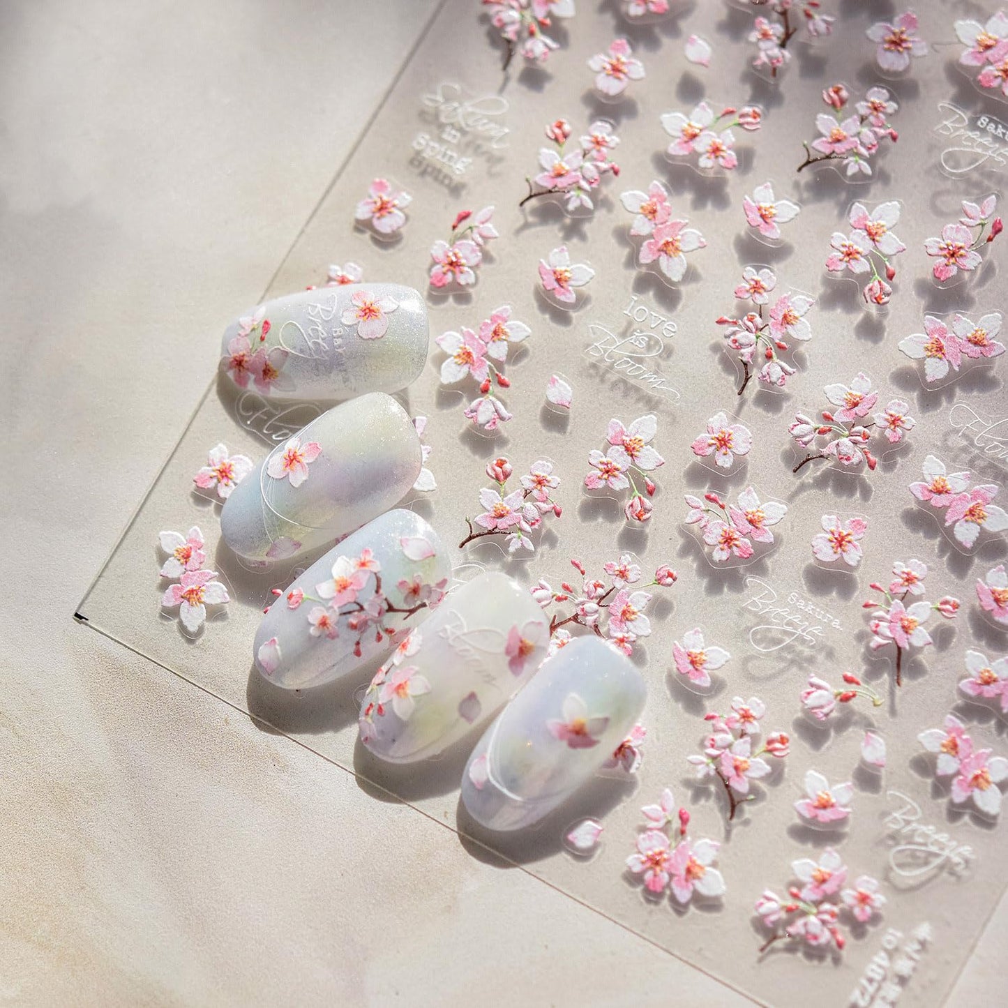 Pink Flower Nail Stickers for Nail Art 5D Embossed Nail Decals Cherry Blossoms Nails Art Stickers Summer Nails Supplies White Floral Nails Art Decoration