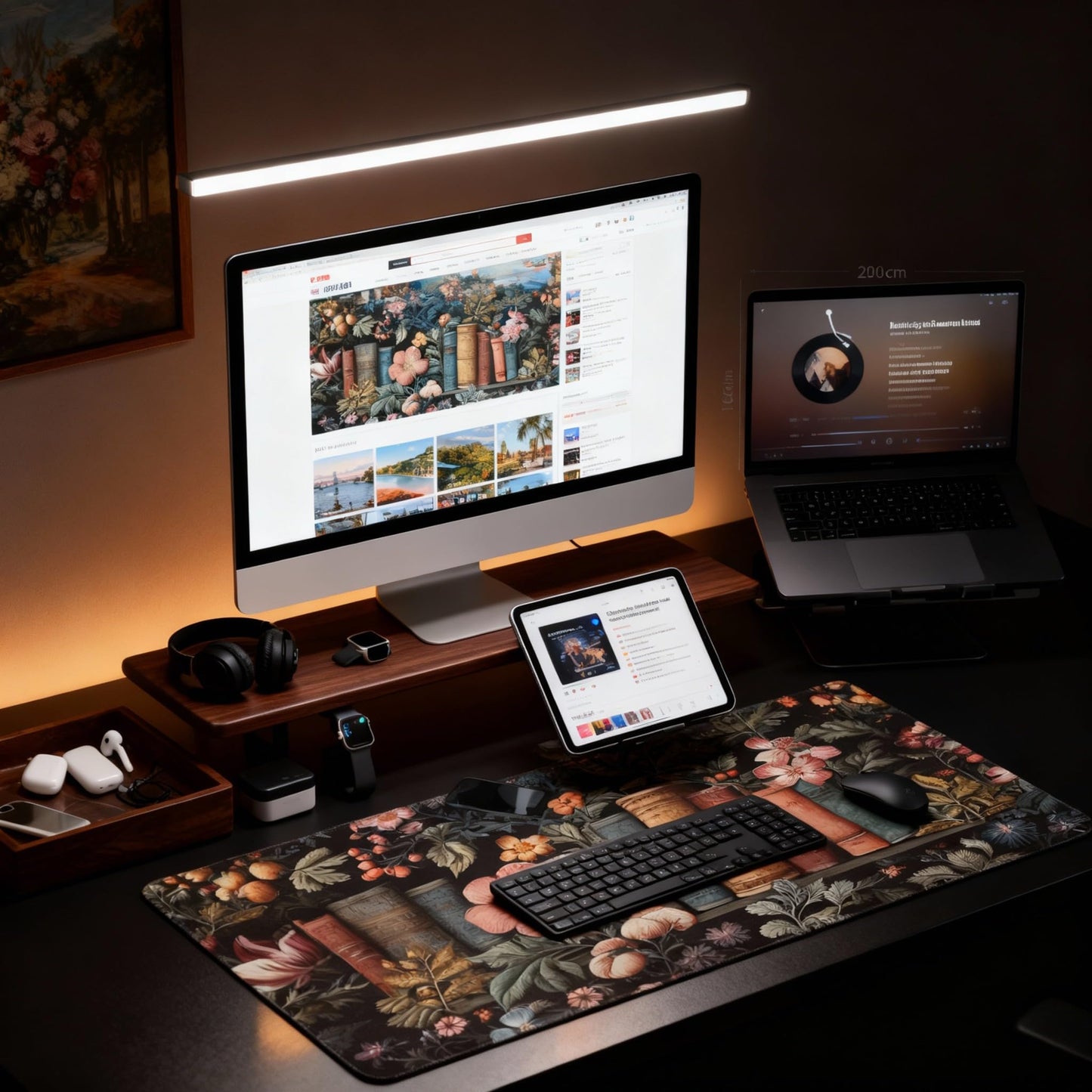 Dark Academia Desk Mat, Floral & Book Pattern XXL Mouse Pad with Anti-Slip Base & Stitched Edges, Large Desk Pad for Computer Keyboard, Office & Home Decor for Women