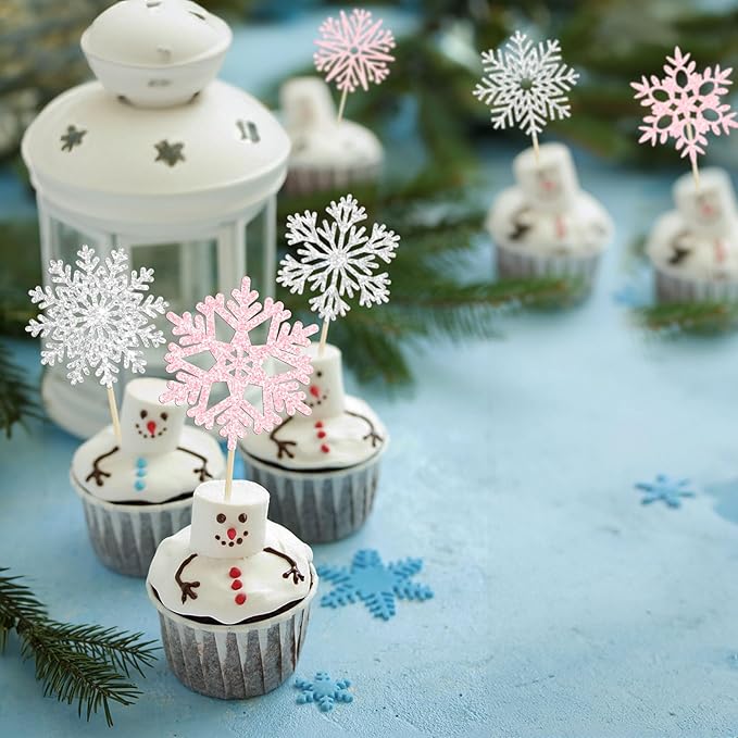 36Pcs Snowflake Cupcake Toppers Glitter Winter Frozen Theme Snowflake Cupcake Pick Decorations for Baby Shower Kids Birthday Christmas Party Decorations Supplies Light Pink Silver