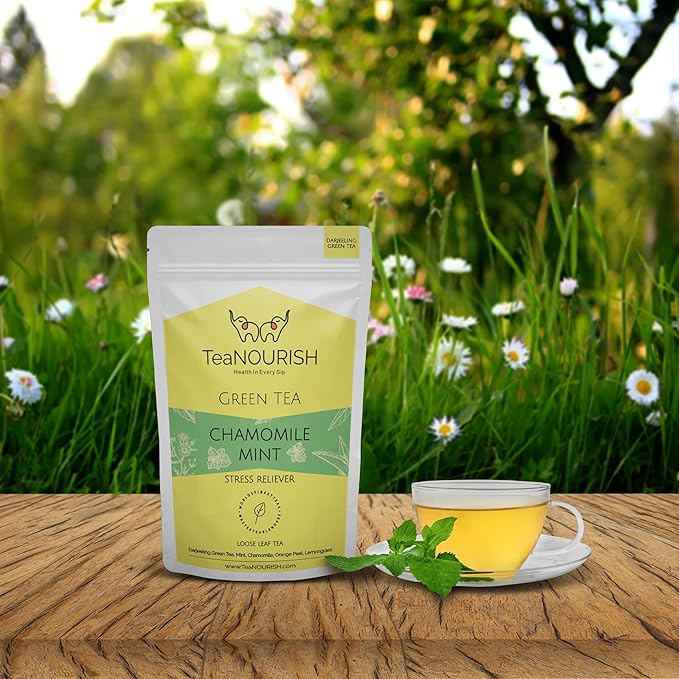 TeaNOURISH Chamomile Mint Green Tea | Darjeeling Loose Leaf Tea | 50 Cups Hot or Iced Tea - 3.53oz/100g