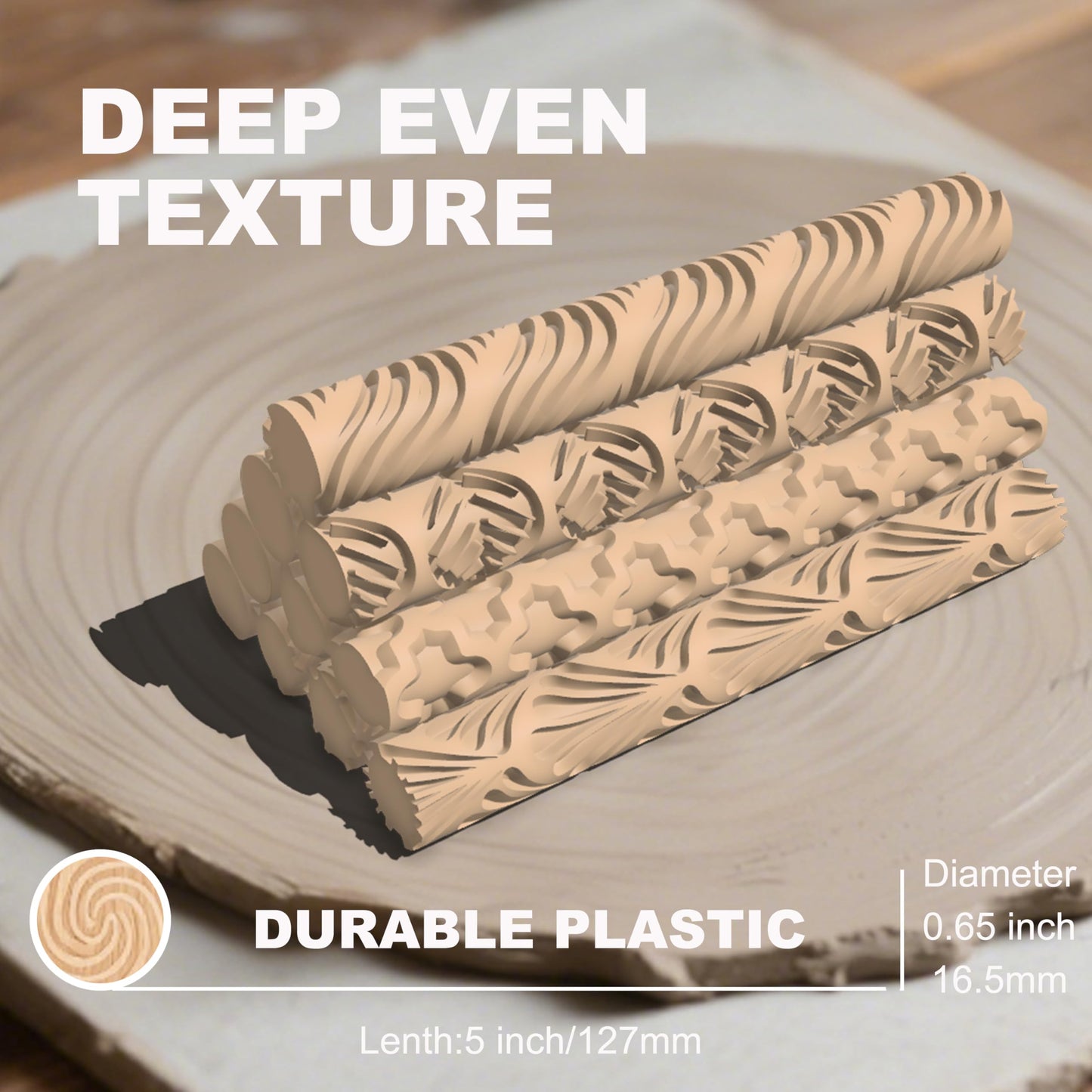 Maiguinzaa Clay Texture Rollers | 10-Pack Plastic Polymer Clay Tools | 5" Length x 0.65" Diameter | Non-Stick Easy Clean Surface for Pottery, Sculpting, DIY Art
