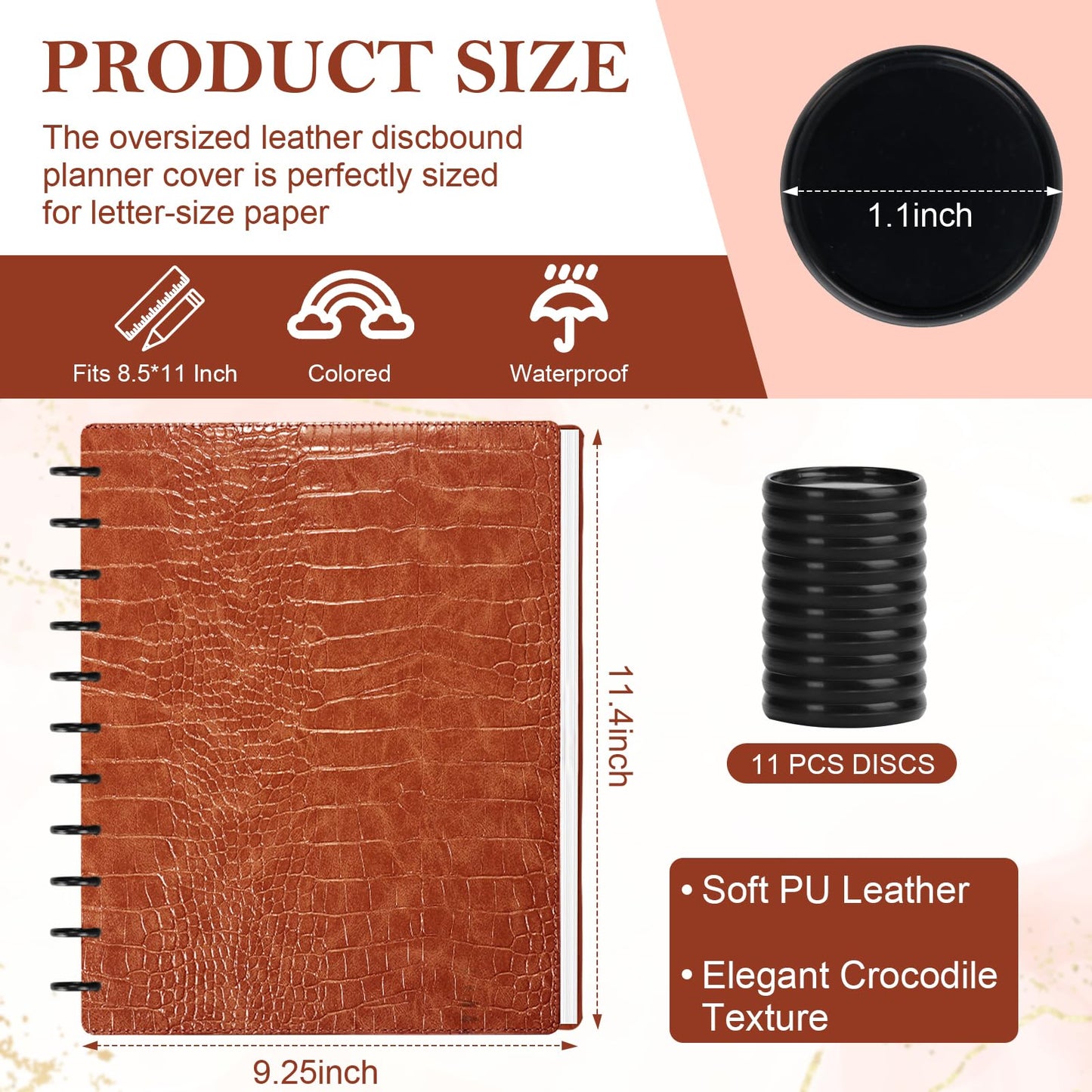 SKLENICE Pu Leather 8.5x11 In Discbound Notebook Cover And Disc Set Discbound Planner Cover With 11 Pcs Expansion Discs Disc Bound Notebook Accessories Letter Size For Office(Brown;No Inner Paper)