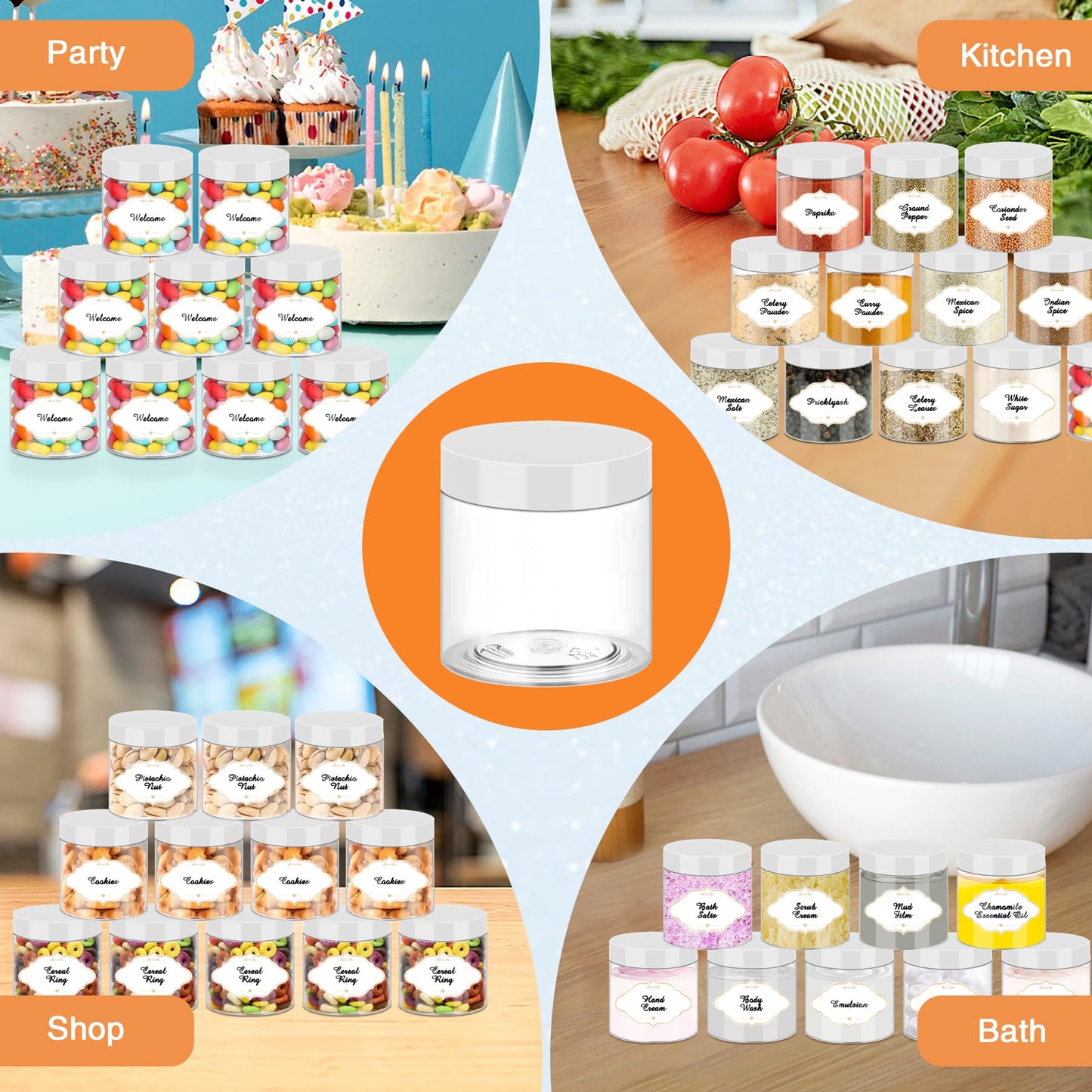 PeacePeo Plastic Jars 6 OZ, 48 Pcs Plastic Jars with Lids Round Wide Mouth Slime Containers with White Lids Empty Small Storage Jar for Travel, Home Kitchen Food, Arts Crafts