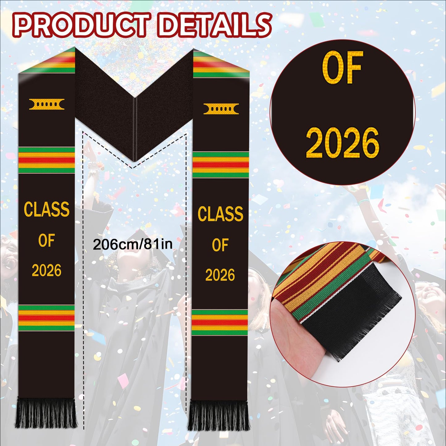 Silkovahamd Kente Black Graduation Stole - Class of 2026 Honor Cord African Pride Sash for College High School, Black Graduates College Keepsake Accessory