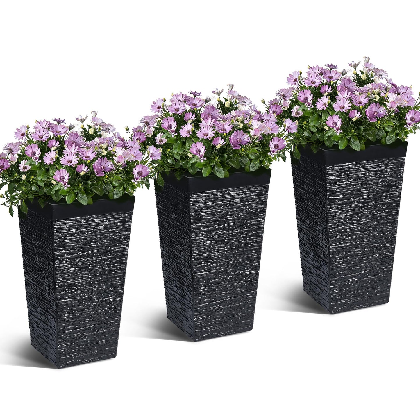 Garvee 22.5" Tall Planters, 3 pcs Outdoor＆Indoor Black Planter Pots, High Front Porch Planter Pots with Drainage Holes, Black