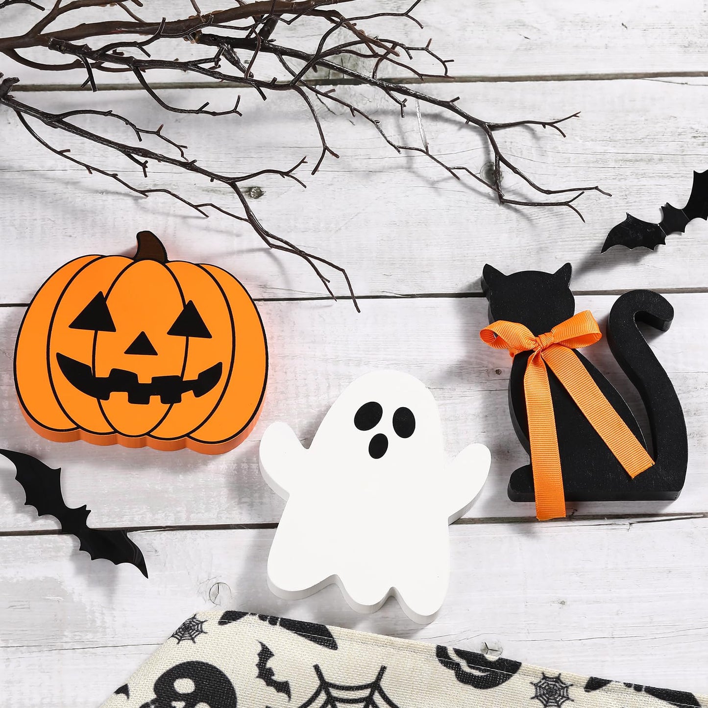 Halloween Decorations-Wooden Ghost Pumpkin Cat Blocks Signs-Cute Freestanding Table Signs for Rustic Farmhouse Home Mantle Decor