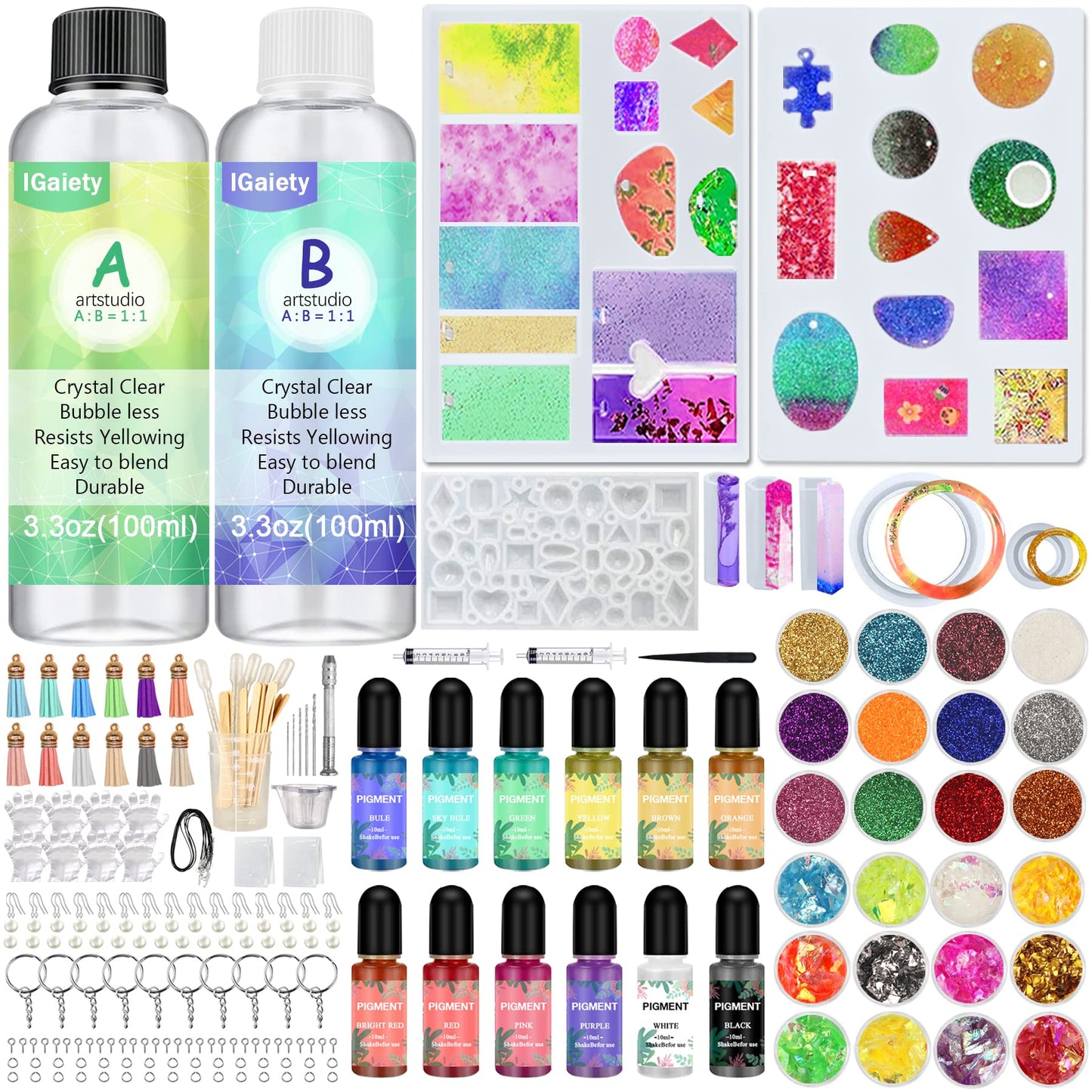 IGaiety Resin Jewelry Making Kit 240 Pcs Silicone Epoxy Resin Mold Keychain Starter Kit Bundle with Epoxy Molds and Pigments Tools for Beginners Adults Jewelry Earring Making