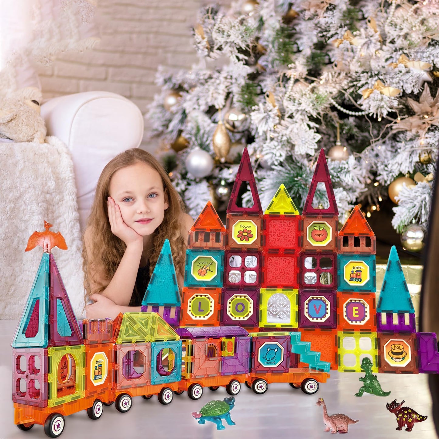 BUBUQE Magnetic Tiles Building Blocks with 4 Cars Magnet Train Set for Kids Construction STEM Toy Preschool Educational Creativity Learning Brithday Gift for Girls Boys Toddlers 3 4 5 6 7 8