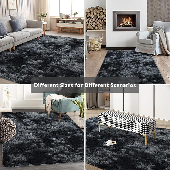 Shag Area Rugs for Bedroom Living Room,8X10 Ultra Soft Fluffy Area Rugs for Dorm, Indoor Carpet Nursery Rugs for Kids Girls Room Home Decor, Black Grey
