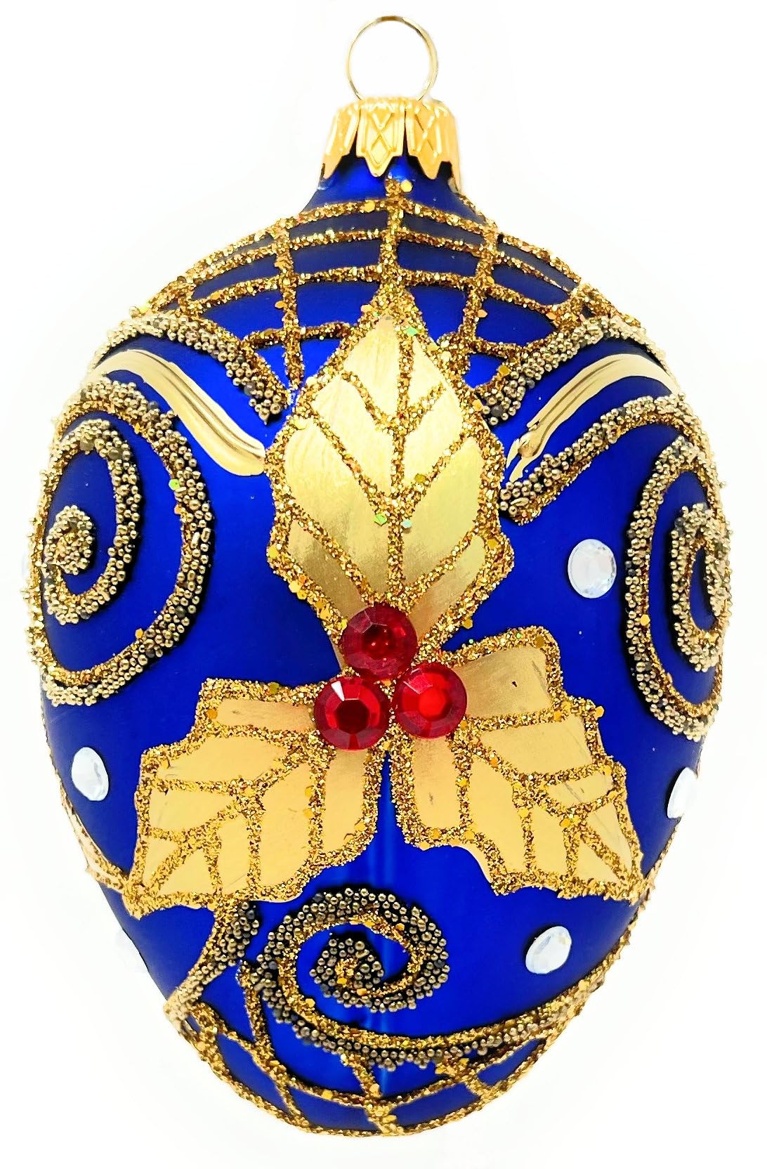 Polish Gallery Fabergé Egg 5-inch Blown Glass Christmas Tree Ornament Navy Blue with Gold Embellishments Mistletoe Leaves (Sapphire Matte)