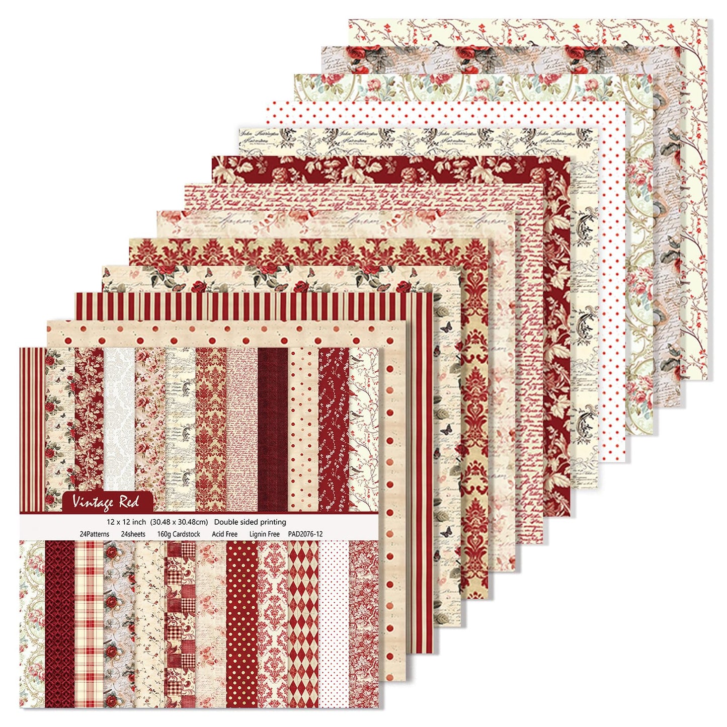 24 Sheets/24 Designs Scrapbook Paper Double Sided Boho Floral decorative craft Pattern Paper for DIY Cards, Junk Journaling, Scrapbooking Supplies and Photo Album Decor (Red-2076, 12x12 Inch)