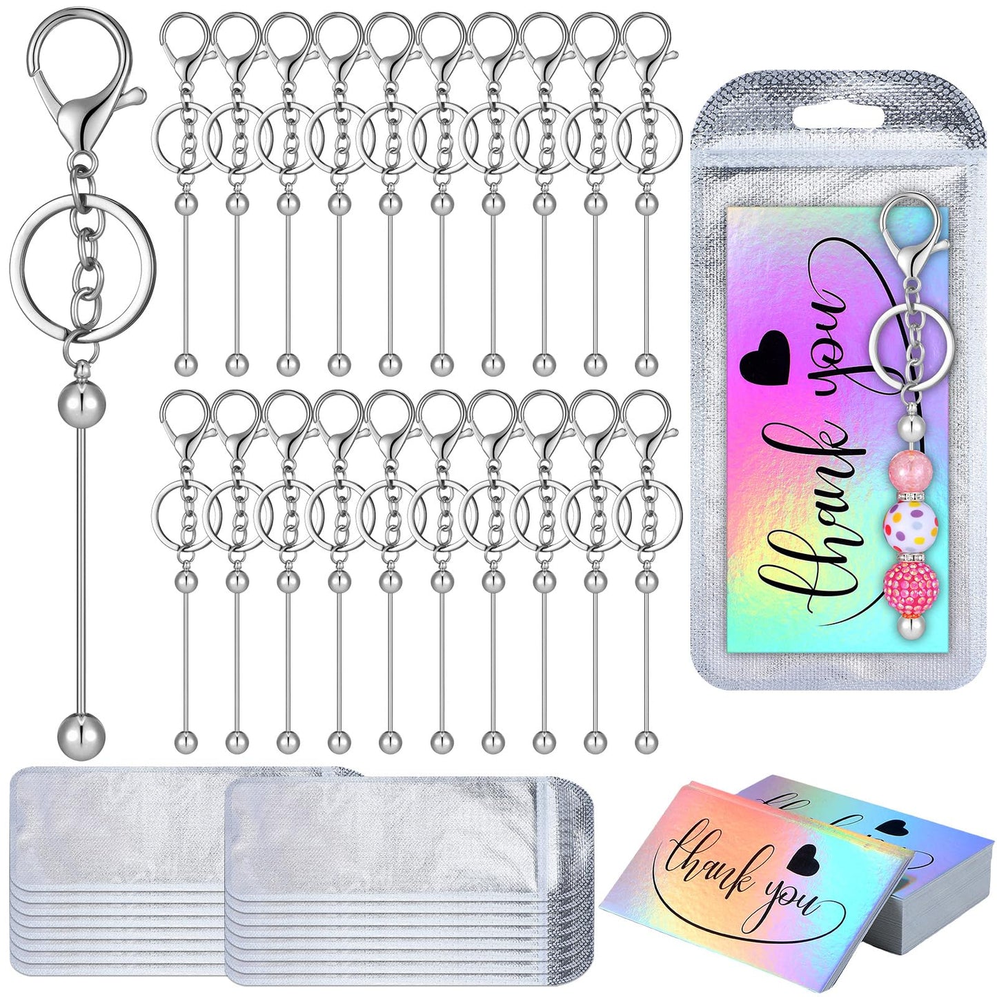 Sasylvia 60 Pcs Beadable Keychain Bars Bulk Making Kit 20 Beaded Keychain 20 Bag 20 Thank You Cards for DIY Keyrings Charms(Silver)