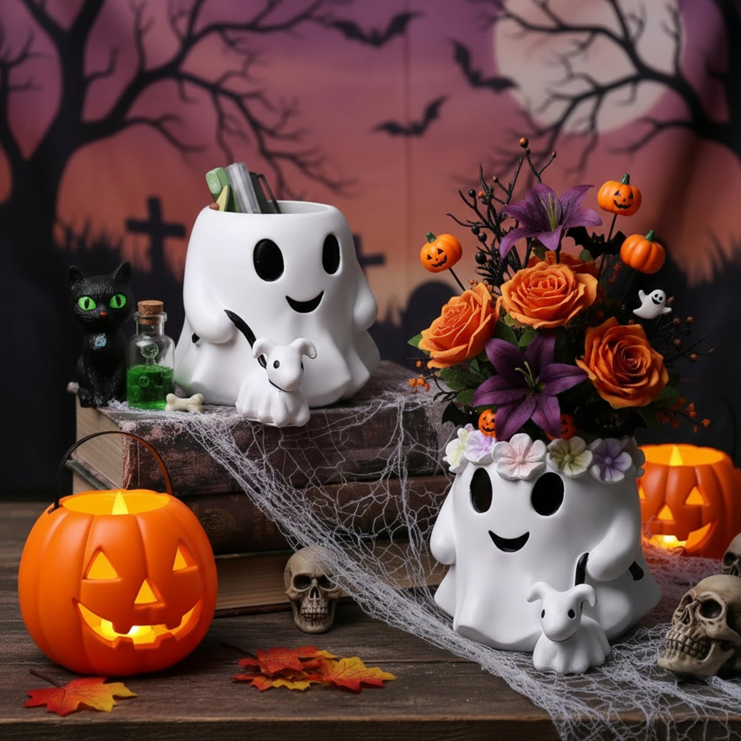 Chunful 2 Pcs 6 Inch Couple Ghost Pen Holder Ghost Buckets Desk Table Centerpieces Decor Resin Bucket Vase Planter Pot Gift for Indoor Outdoor Garden Home Table Decoration