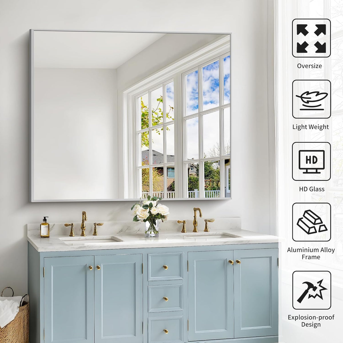40x48inch Silver Bathroom Mirror, Silver Rectangle Mirror with Frame, Large Rectangular Wall Mirrors for Bathroom, Living Room, Hair Salon, Big Farmhouse Mirror Hang Horizontal/Vertical