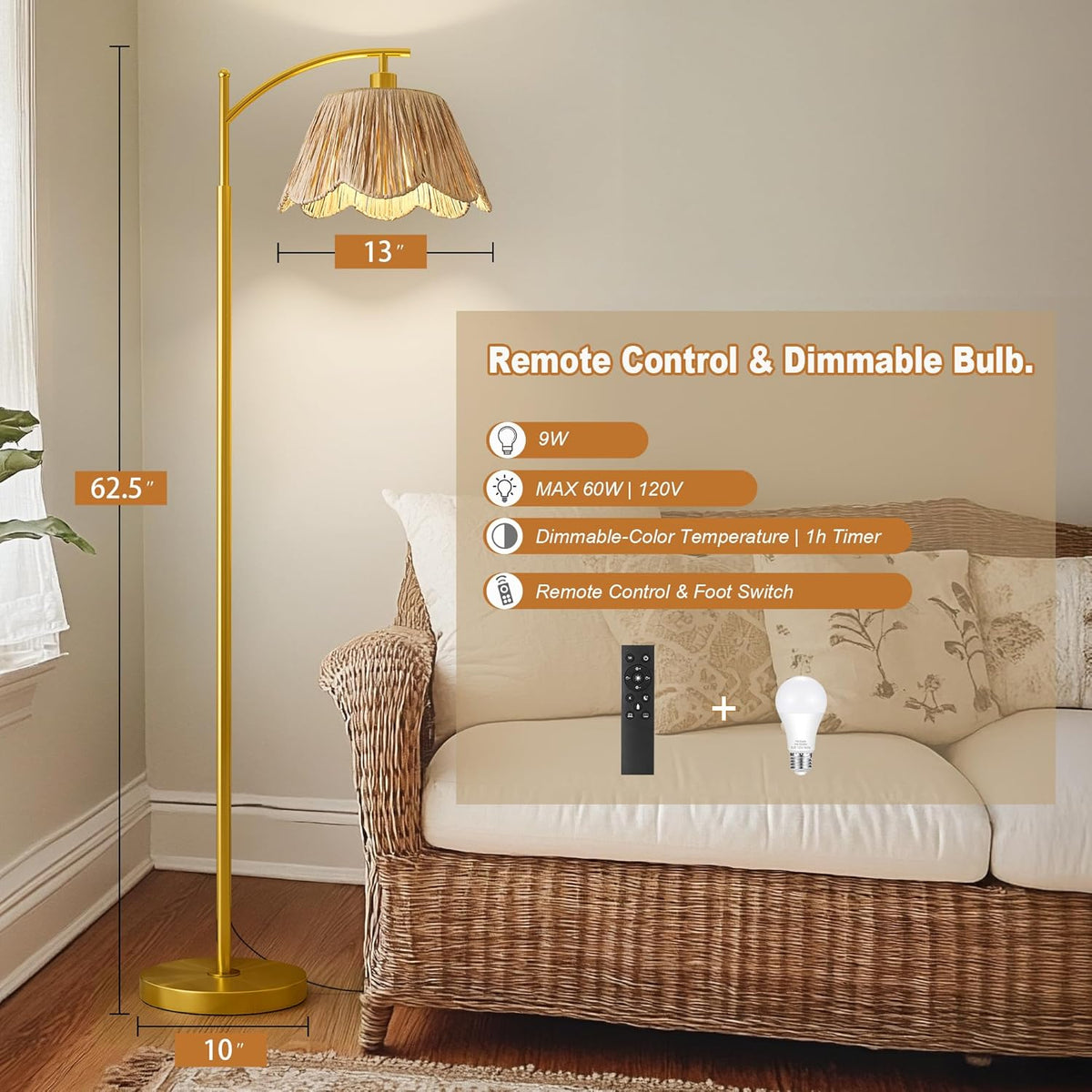 Oneach Boho Floor Lamp with 3 Color Temperatures, Farmhouse Floor Lamps for Living Room with Remote & Dimmable Bulb, Rattan Floor Lamp for Bedroom, Gold