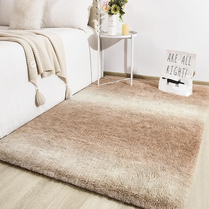 TWINNIS Super Soft Shaggy Rugs Fluffy Carpets, 8x10 Feet, Indoor Modern Plush Area Rugs for Living Room Bedroom Kids Room Nursery Home Decor, Upgrade Anti-Skid Rectangular Fuzzy Rug, Tan White
