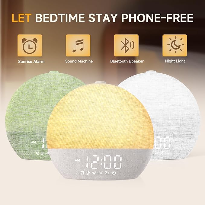 Geuuap Sunrise Alarm Clock White Noise Machine with Bluetooth Speaker,Khaki | 30 Soothing Sounds, 17 Dimmable lights, Simulated Sunrise, Backup Battery Memory, Auto-off Sleep Timer, Screen-Free Design
