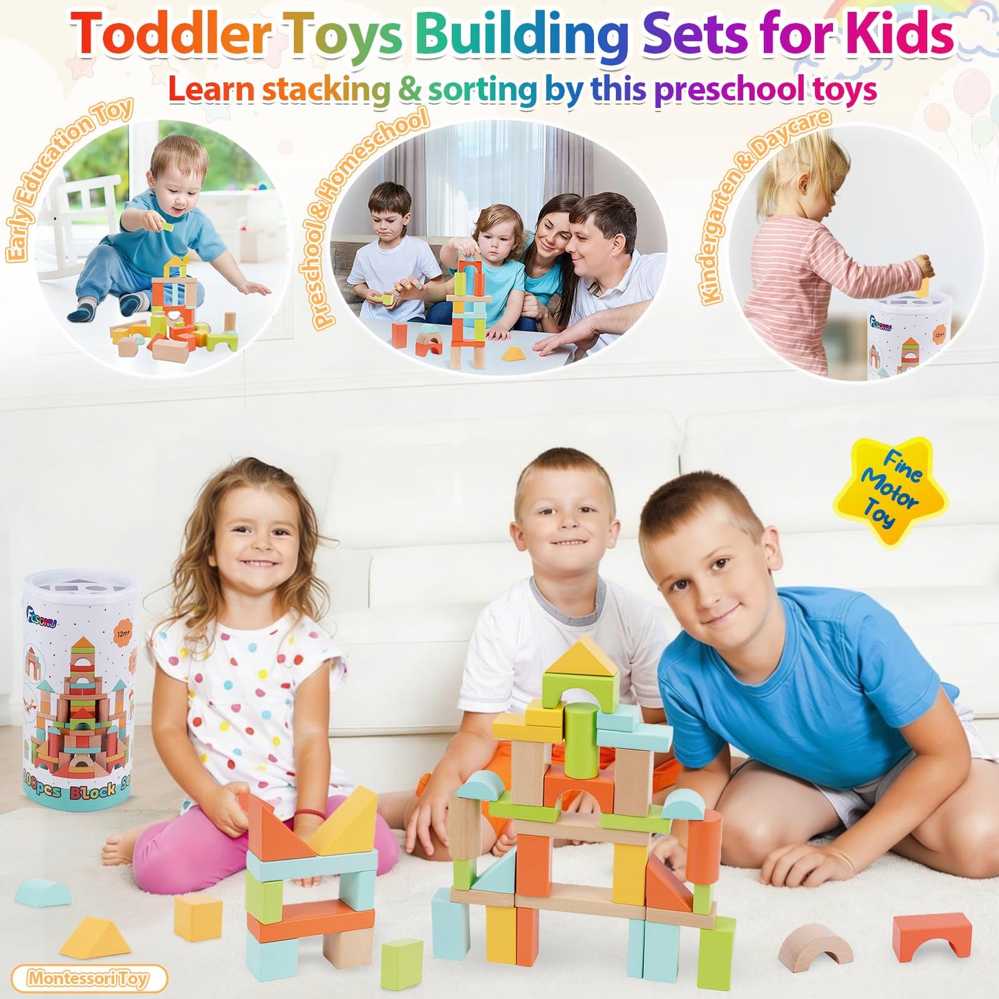 FCSONU Wooden Building Blocks for Toddlers 1-3, 100 Pcs Wood Blocks Set - Sorting & Stacking Toys with Storage and Lid, Kid Montessori Toys Ages 2+, Christmas 1st Birthday Gifts for Boys Girls Baby