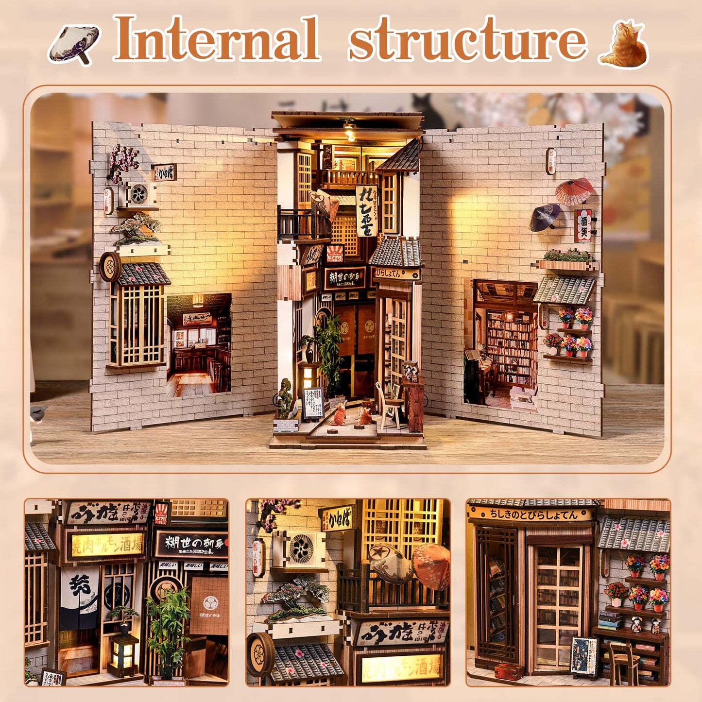 Book Nook Kit, DIY Miniature House Kit for Adults and Teens, 3D Puzzle Tiny Dollhouse House Bookshelf Decor, Adult Crafts Booknook Gifts for Book Lovers (Cat Waiting Alley)