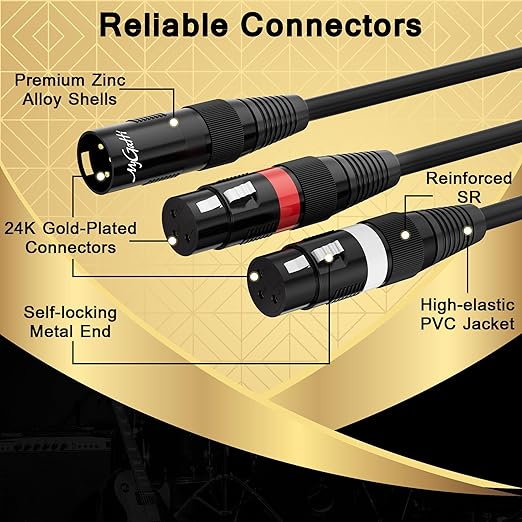 Mygatti XLR Splitter Y-XLR Cable 15 FT, Gold-Plated 3-Pin XLR Male to Dual XLR Female Patch Y Cable, Bi-Directional Balanced Microphone Adapter Cord, 1 XLR to 2 XLR Cable, Oxygen-Free Copper