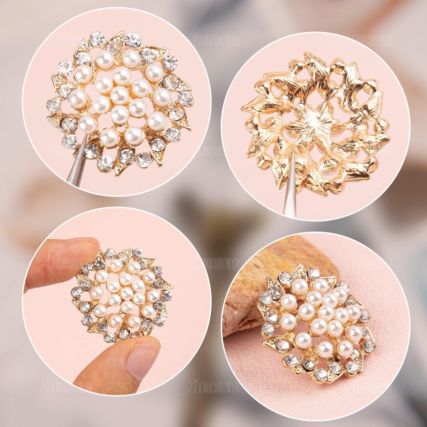 AUEAR, 15 Pack Gold Rhinestone Pearl Flower Buttons Flatback Crystal Embellishments for Jewelry Making Clothing DIY Craft