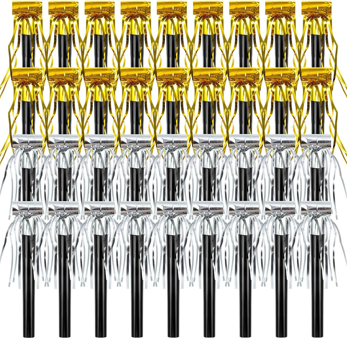 Sumind 36 Pieces Party Blower Noisemakers Party Squawkers Blowouts Whistles Fringed Noise Maker in Gold and Silver Musical Blowouts for Birthday Supplies