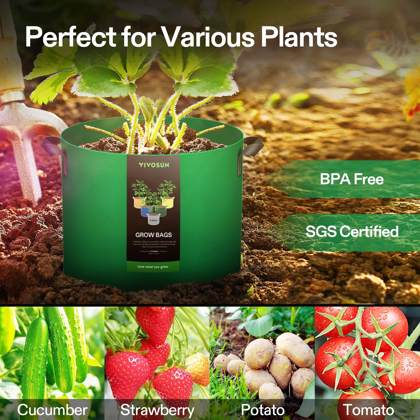 VIVOSUN 5-Pack 7-Gallon Colored Grow Bags, 350G Thick nonwoven Fabric Pots with Handles for Flowers, Fruits and Vegetables