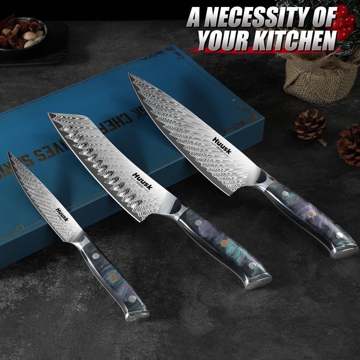 Huusk Japanese Knife Set 3 PCS - Stainless Chef Knife Set with Sheath & Ergonomic Resin Handle, Hand Sharpened Full Tang Professional Kitchen Knives for All Purpose, Gifts Idea for Men Women