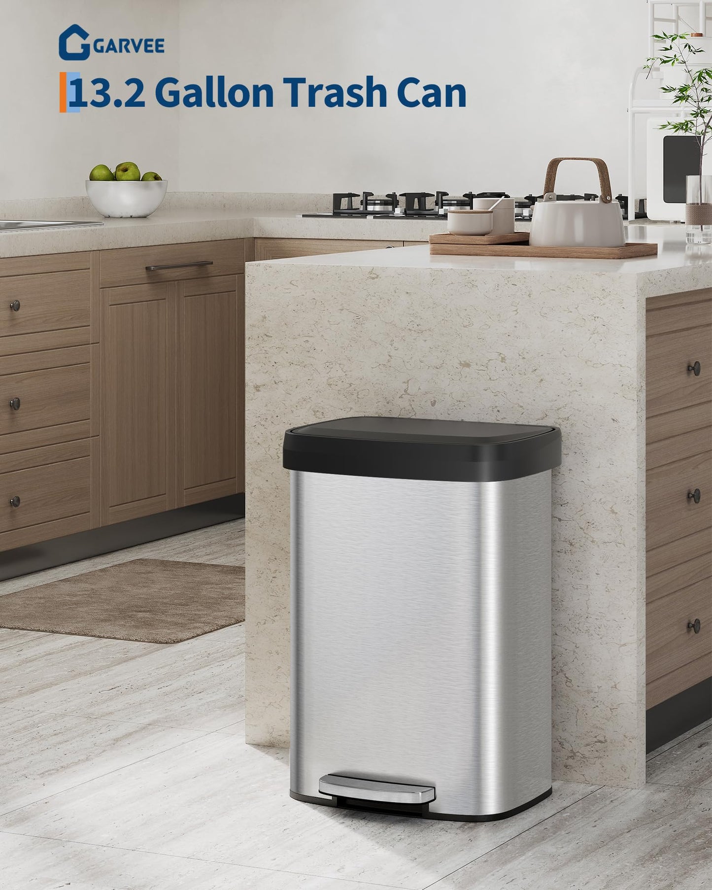 Garvee 13 gal / 50 L Stainless Steel Trash Can with Lid, Large Garbage Can for Kitchen, Rustproof Step-on Kitchen Metal Trash Bin with Liner Rim, Rear Handle, Soft Close Plastic Lid, Silver