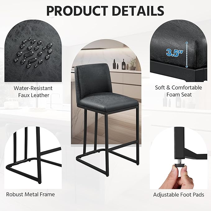 Yaheetech Bar Stools Set of 2, Counter Height Kitchen Stools 24'' Modern Leather Upholstered Bar Chairs with Back and Metal Legs for Kitchen Counter, Dark Gray