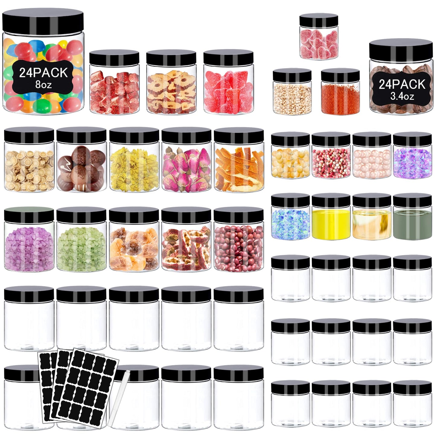 Hajoyful Plastic Jars with Lids 48 Pcs 8 oz & 3.4 oz Clear Plastic Slime Storage Jars Containers with Airtight Black Screw On Lids Cylinder Clear Round Jar Easy Clean Food Grade Durable Jar